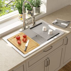Drop In Quartz Workstation Kitchen Sink Top mount Single Bowl Granite Composite Sink with Roll-up Drying Rack, Cutting Board, Bottom Grid and Strainer (Color: White, size: 33in.*22in.*9.65in.)