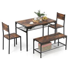 Industrial Style Rectangular Kitchen Table with Bench and Chairs (Color: Rustic Brown)
